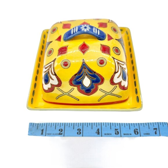 Dutch Wax Handpainted Ceramic Covered Butter Dish Square Yellow Colorful Vibrant - Picture 10 of 11